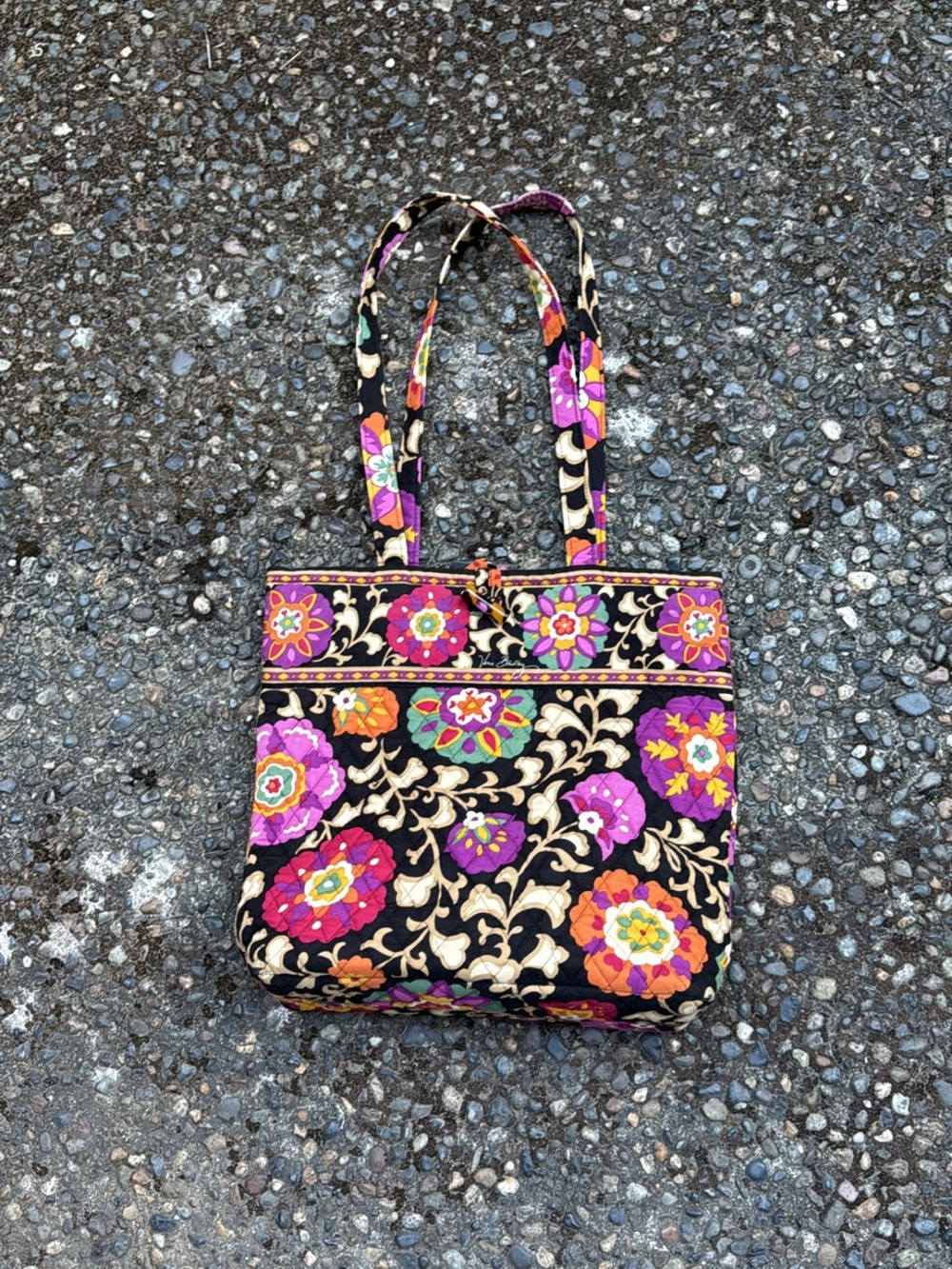 Vera Bradley Black Quilted Tote with Pink, Orange and Purple Floral Print